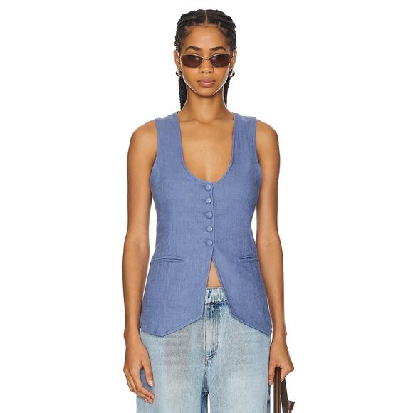 Free People Millie Vest Linen Blend Button Up Boho Festival Summer Denim Blue S - Picture 1 of 9